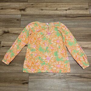 Lilly Pulitzer Jemma Tunic Top SZ XS Orange Flowers Keyhole Avocado Green Crush